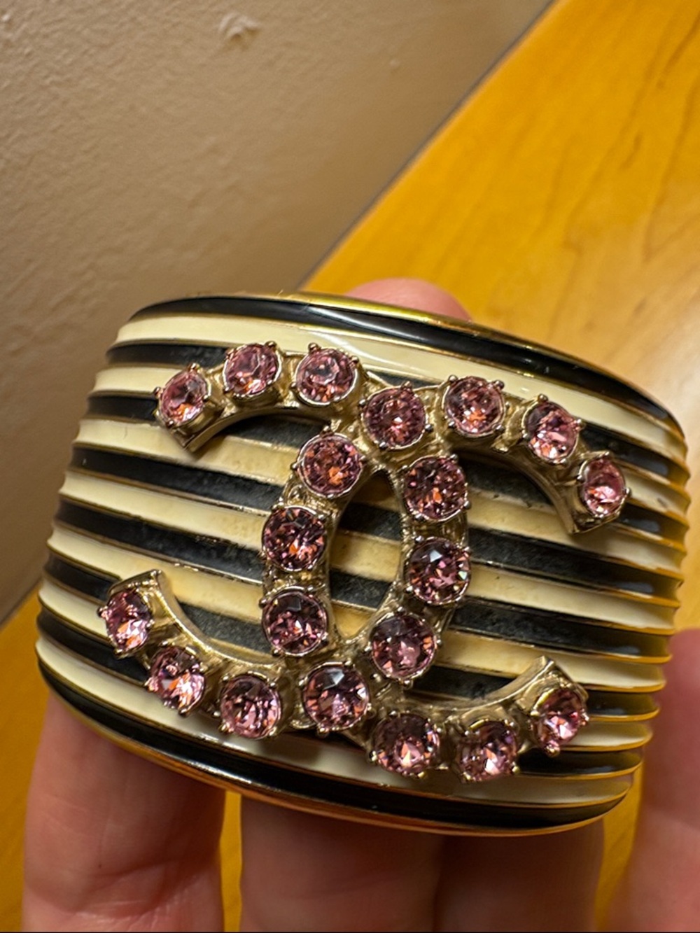 Authentic CHANEL cuff | Gold and Black stripes with Pink gem Accents - Picture 7 of 8